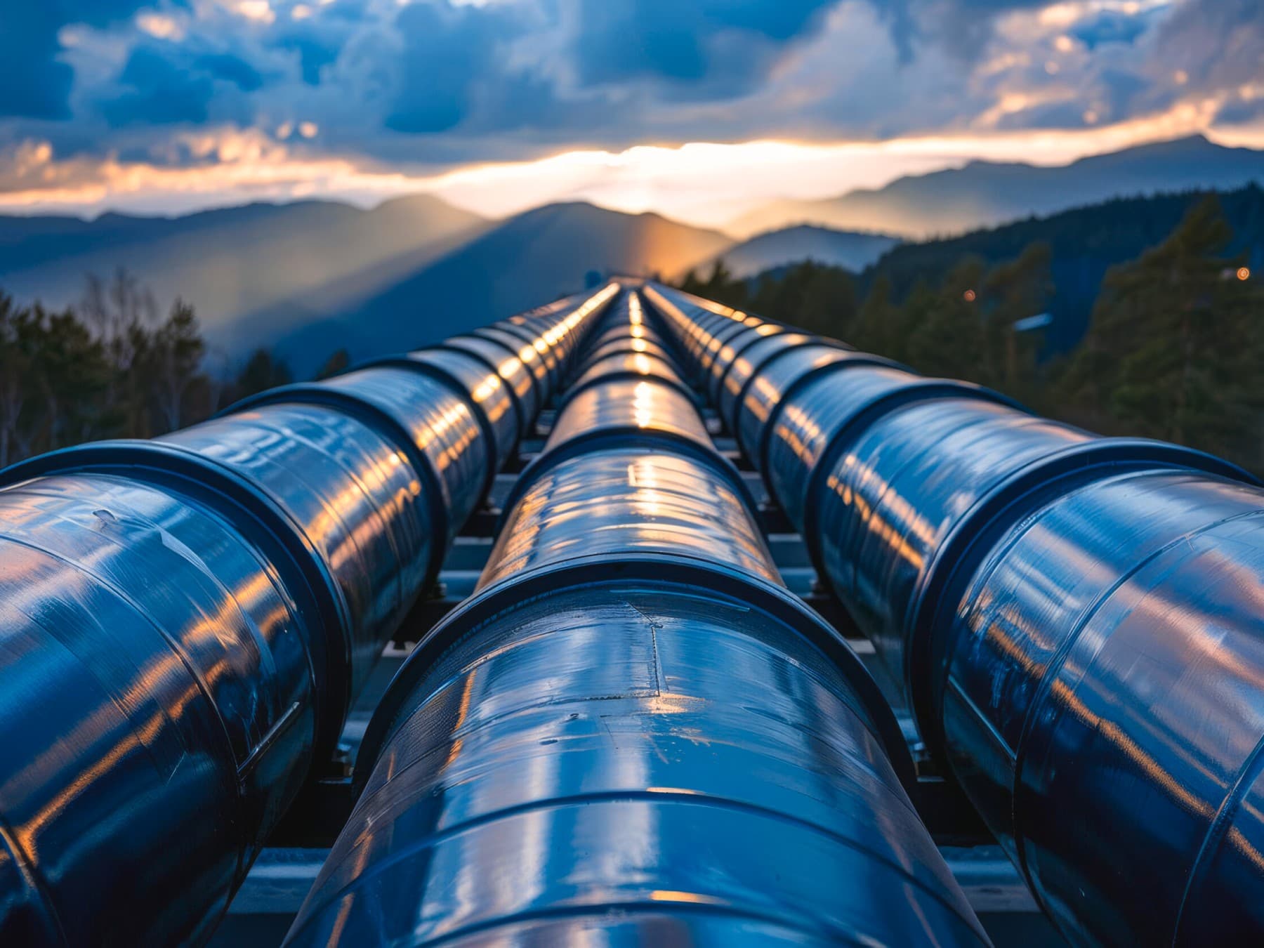 Tre tubi del gas che corrono sopra il terreno