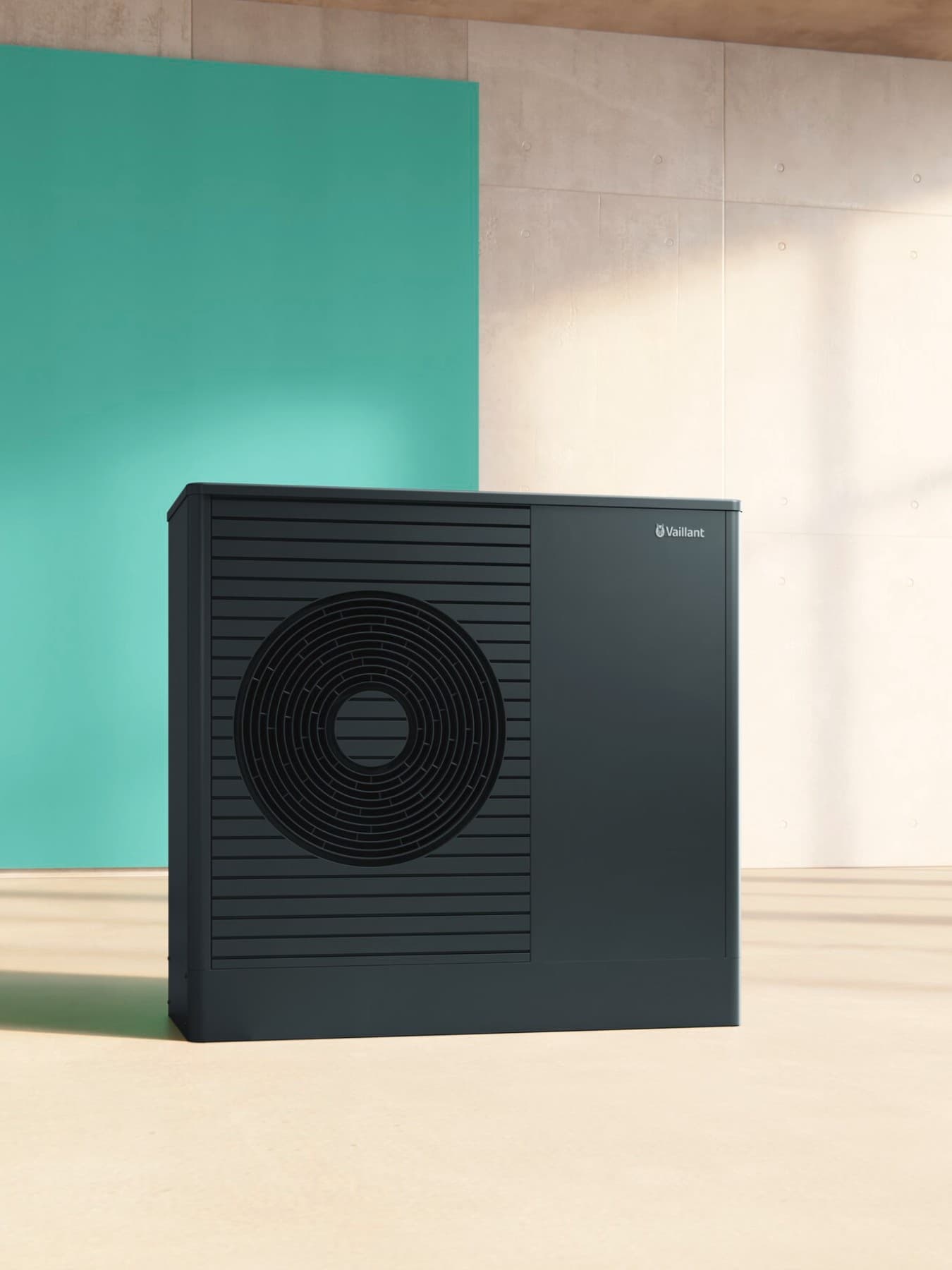 Unità esterna della pompa di calore aria-acqua Vaillant aroTHERM plus su sfondo bicolore turchese