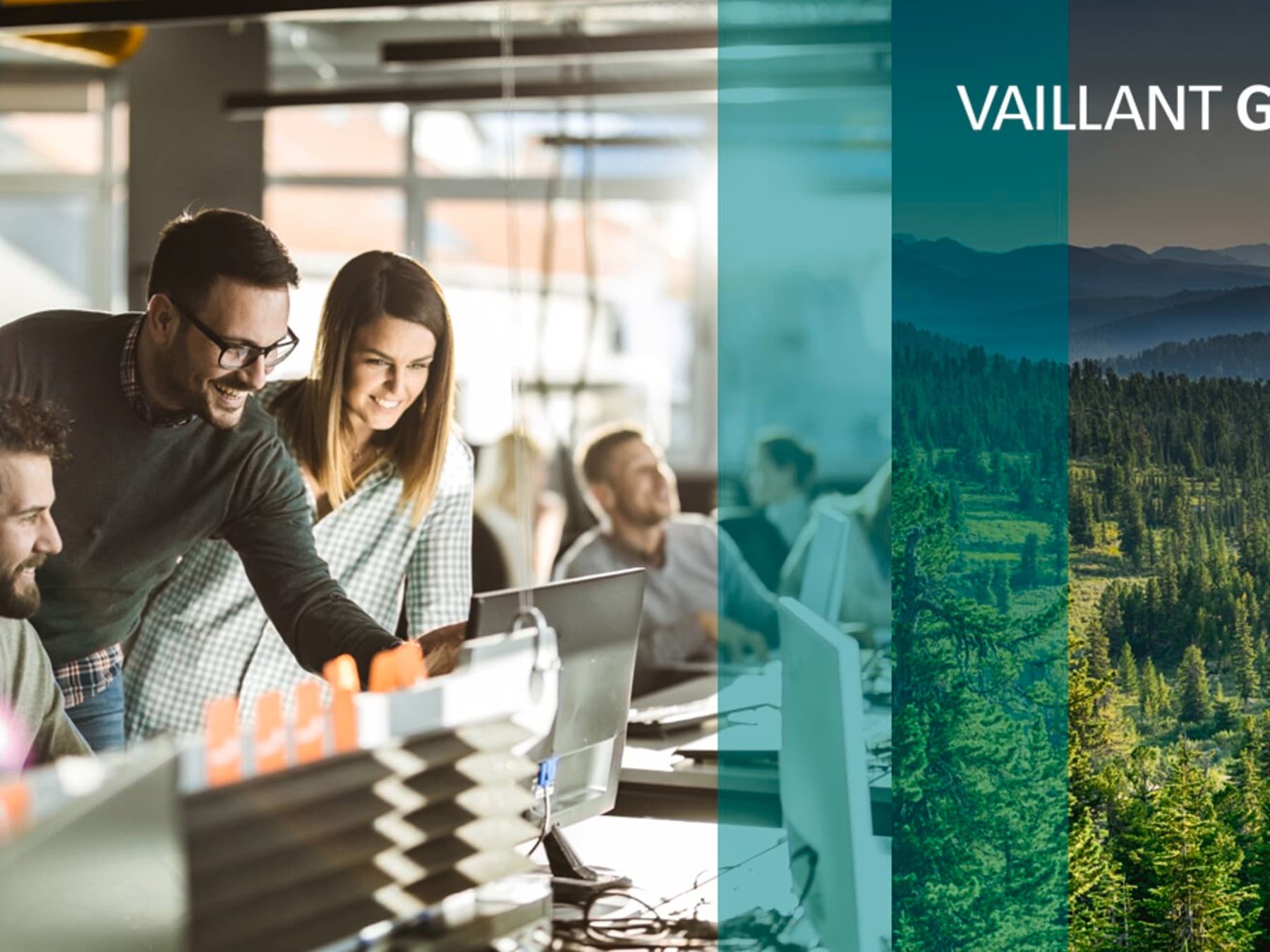 Colleghi che collaborano in ufficio Vaillant Group con paesaggio naturale sullo sfondo