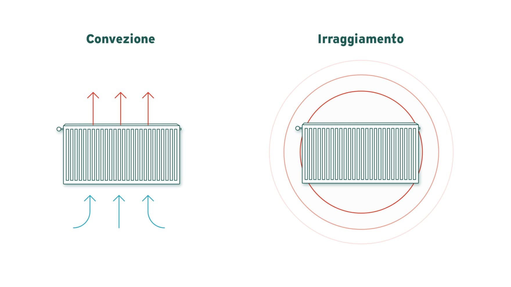 Illustrazione meccanismo di riscaldamento del termosifone tramite convezione e irraggiamento.