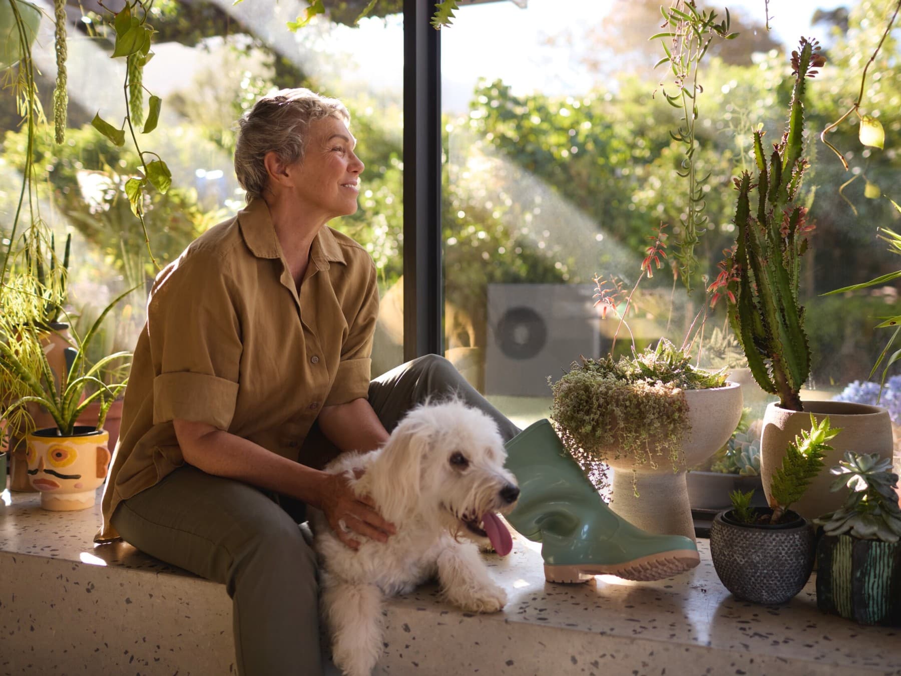 Donna seduta con il proprio cane vicino a una finestra circondata da piante in casa e sullo sfondo nua pompa di calore Vaillant.