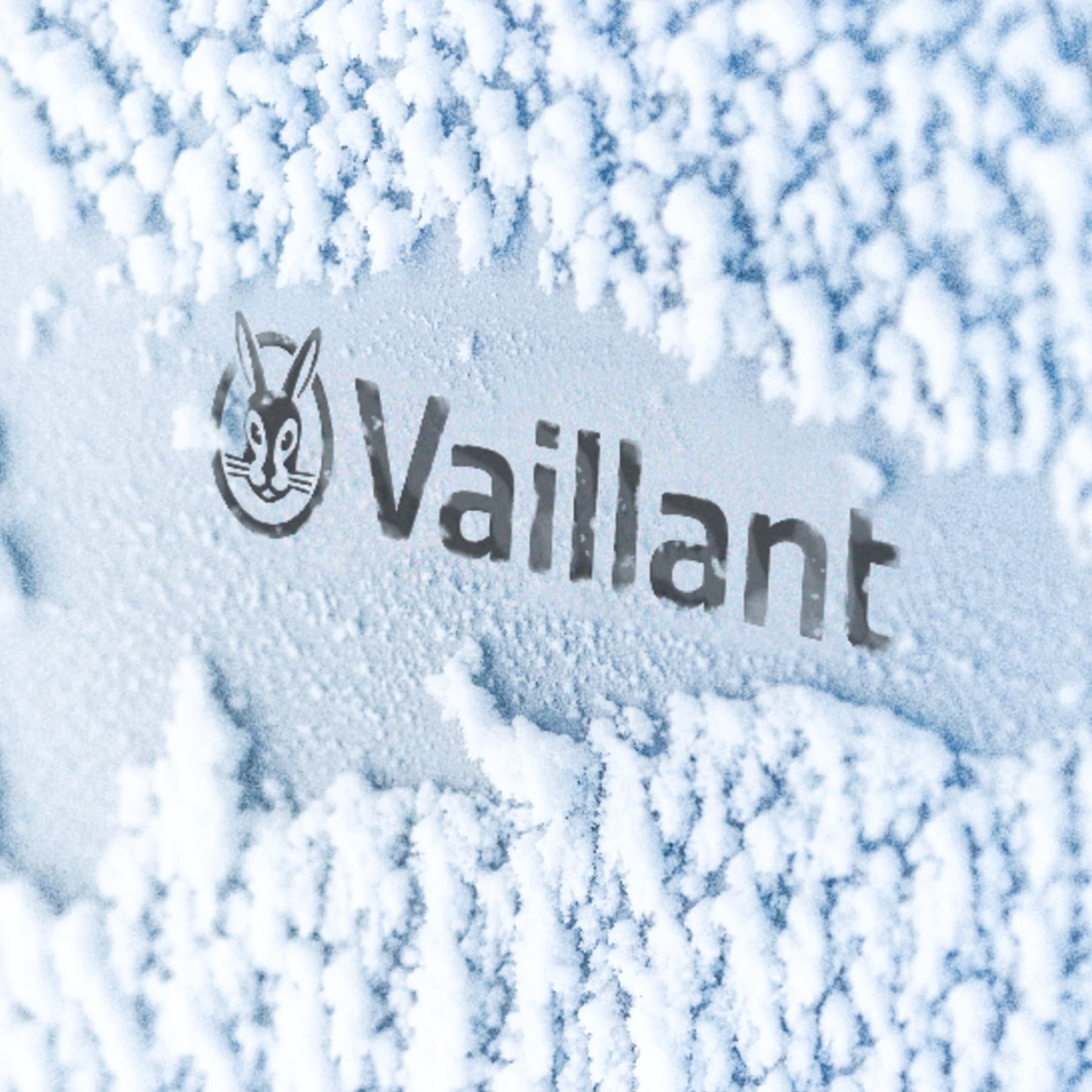 Logo Vaillant su una pompa di calore ricoperta di neve